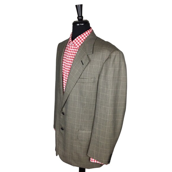 Oxxford Clothes Beige/Black Glen Plaid Wool Sport Coat Blazer Half Lined Men 46T